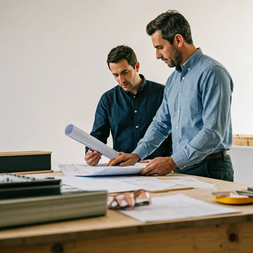 Two architects in hard hats reviewing plans on a construction site